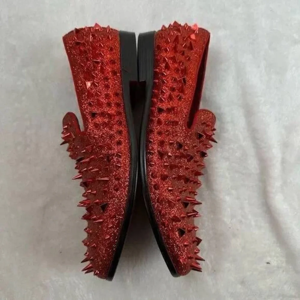 Royal‎ Shoes Mens Red Glitter Spiked Loafers Studded Slip On Dress Shoes Size 10